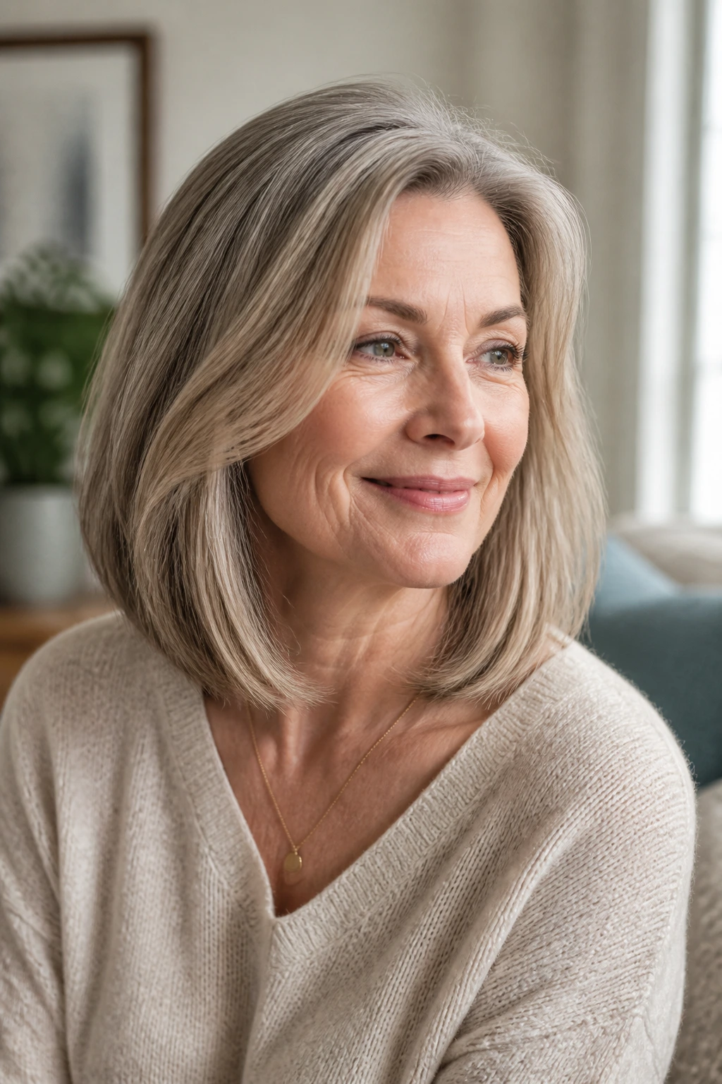 Woman with long bob at home maintaining shape between visits