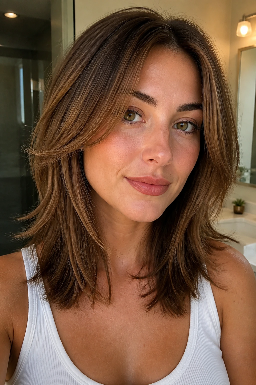 Close-up portrait of a real woman with a neatly shaped cut and defined perimeter