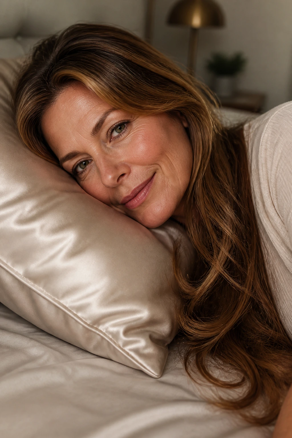 Woman with long layered hair resting on a silk pillowcase in bedroom