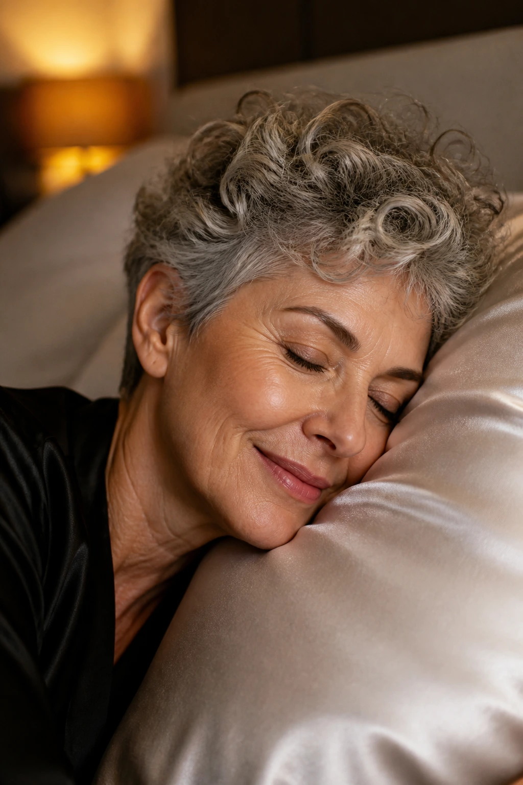 Woman resting on satin pillowcase showing maintained bob-pixie shape
