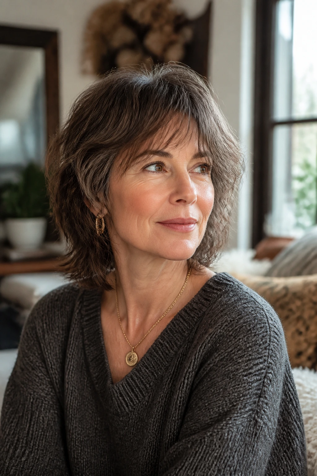 Portrait of a real woman with shaggy hair in a cozy home setting