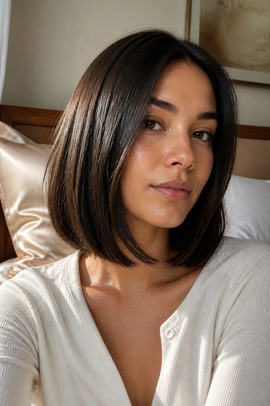 Portrait of a real woman with a collarbone-length lob maintaining a clean shape