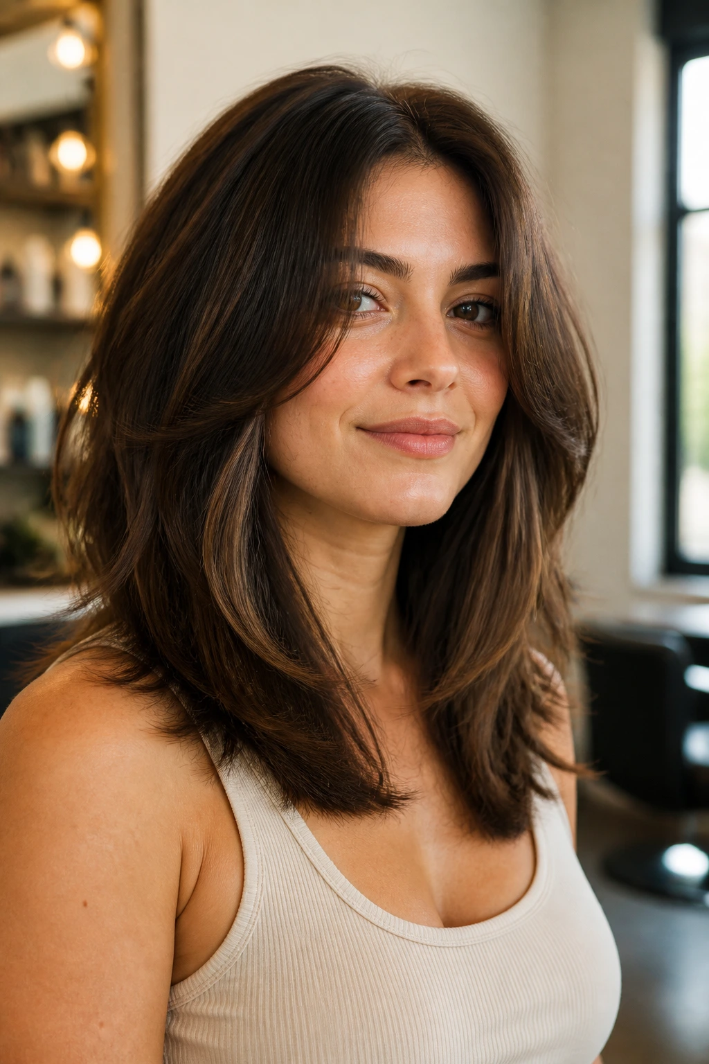 Close-up portrait of a real woman with thick mid-length layered hair framing the face in a sunlit salon.
