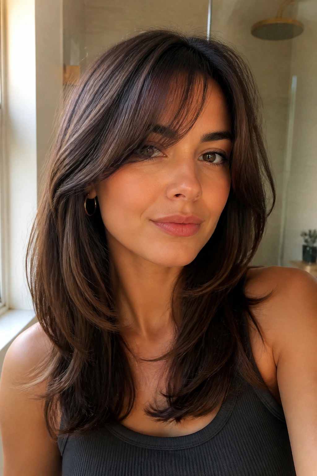Close-up of a real woman with well-maintained face-framing layers and side-swept bangs.