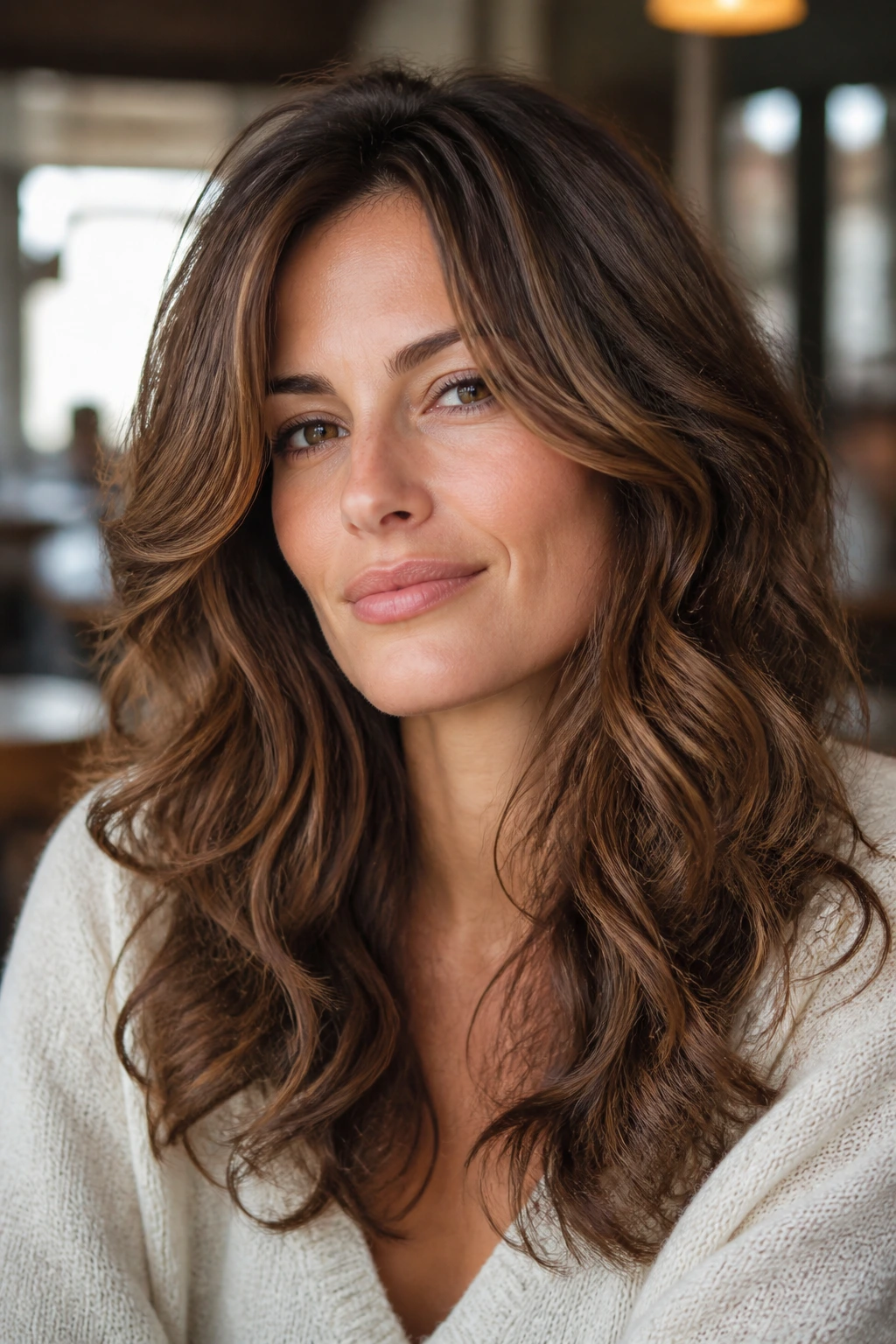 Portrait of a real woman with a neatly shaped layered wavy cut between salon visits