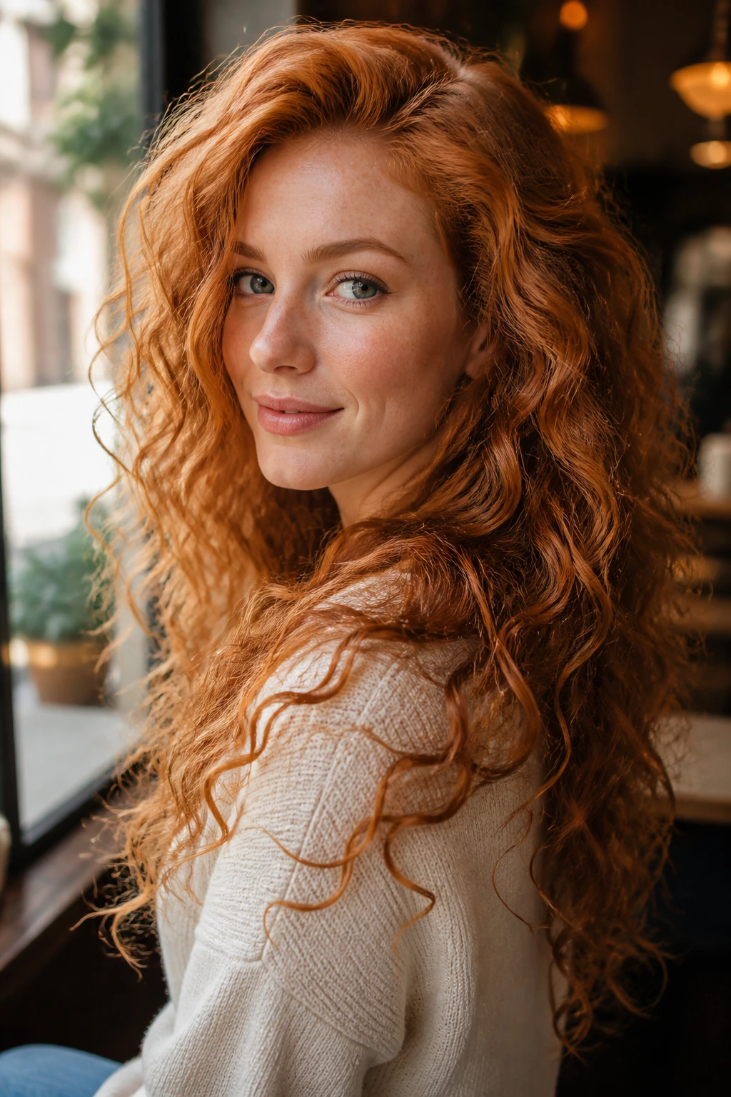 Close-up portrait showing shape and movement in long curly strawberry-blonde hair.