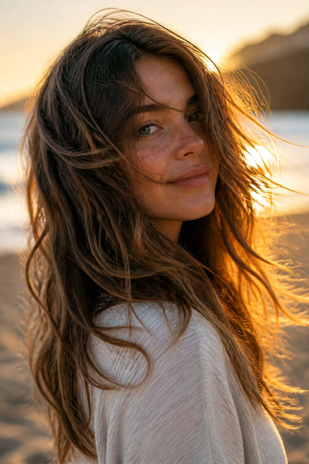 Portrait of a real person with choppy layers in thick hair moving in the breeze.