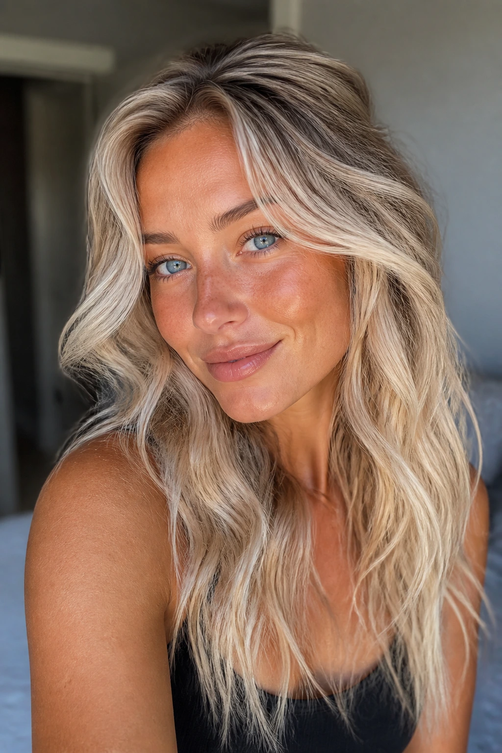 Close-up portrait of a real woman with shaped Nordic blonde waves lit by natural window light