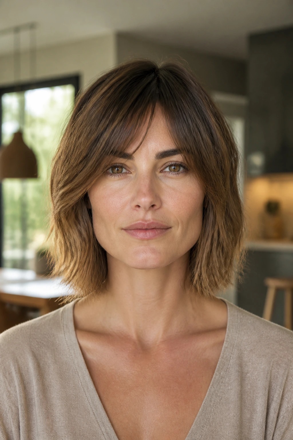 Close-up portrait showing a square-face individual with a haircut emphasizing shape over length.