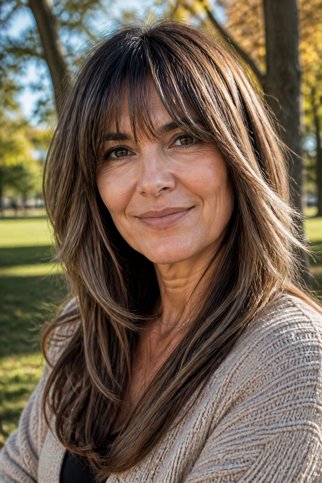 Woman with long layered bangs and lowlights in a park