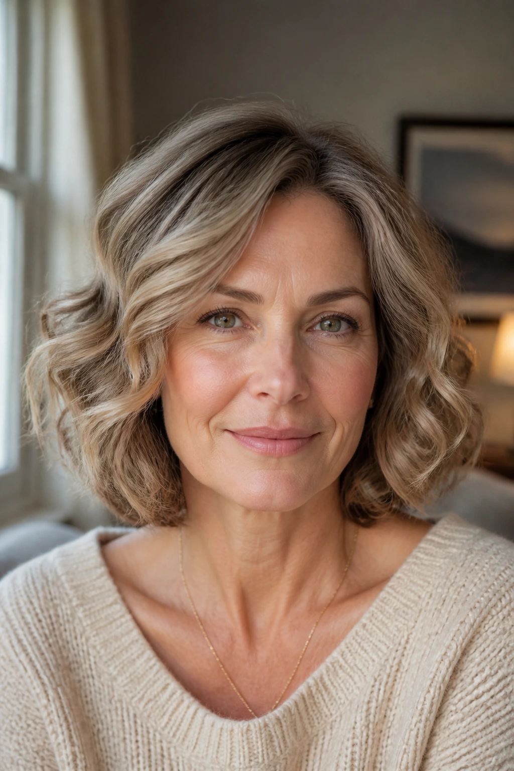 Real woman with flattering soft wavy bob in a calm setting