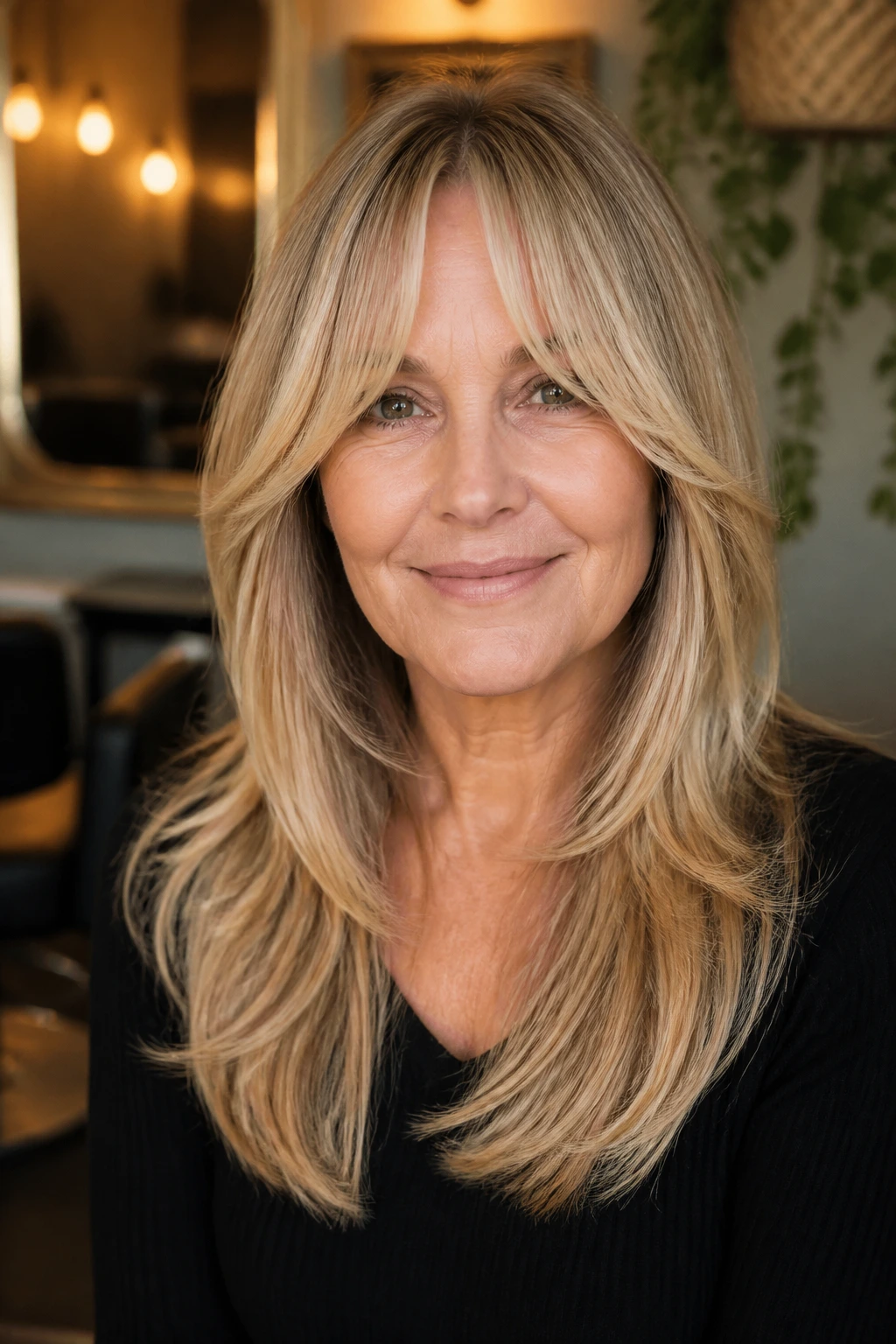 Close-up of a real woman with long fine hair and curtain bangs showing a flattering shape