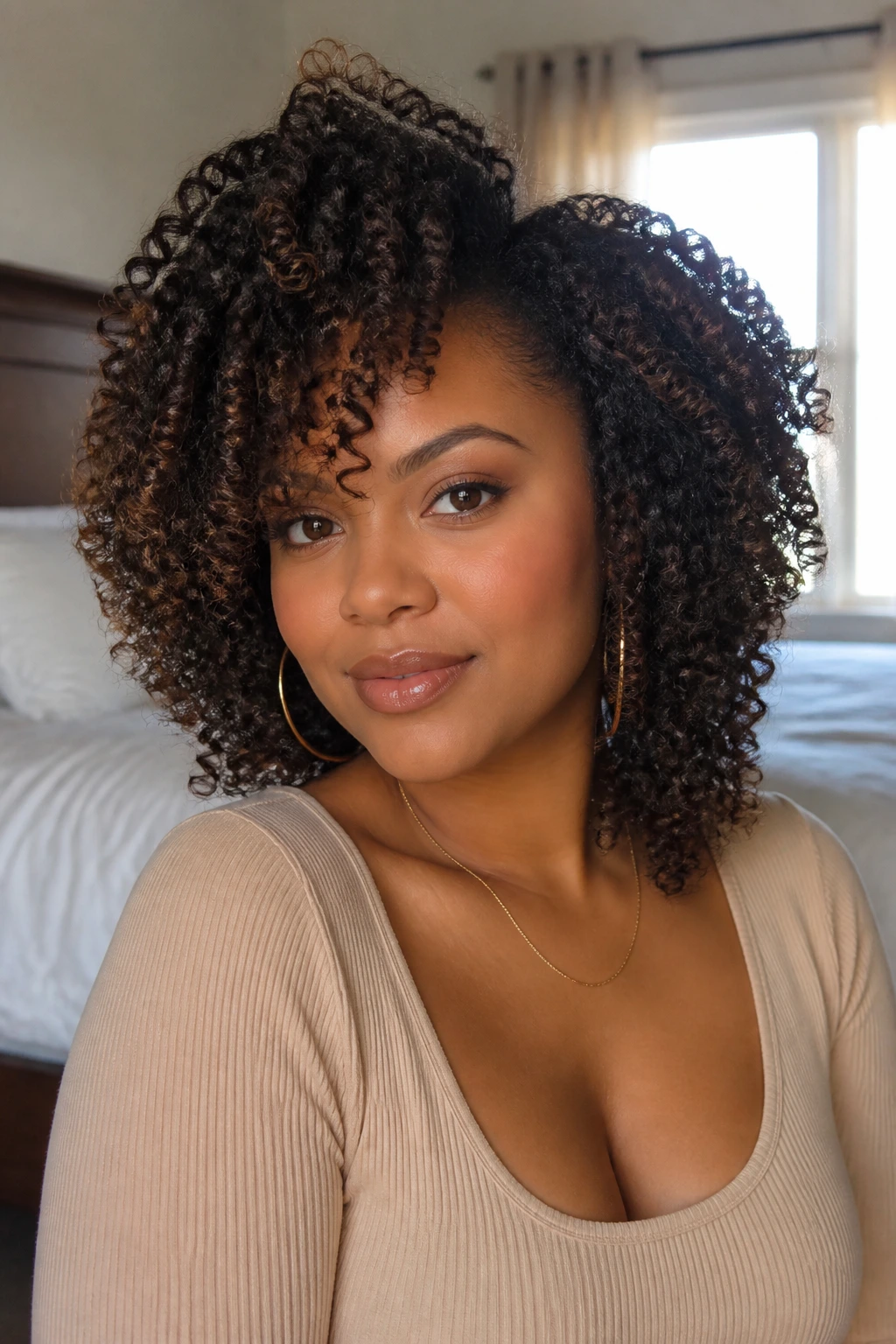 Close-up portrait of a round-faced woman with tight curls highlighting shape placement