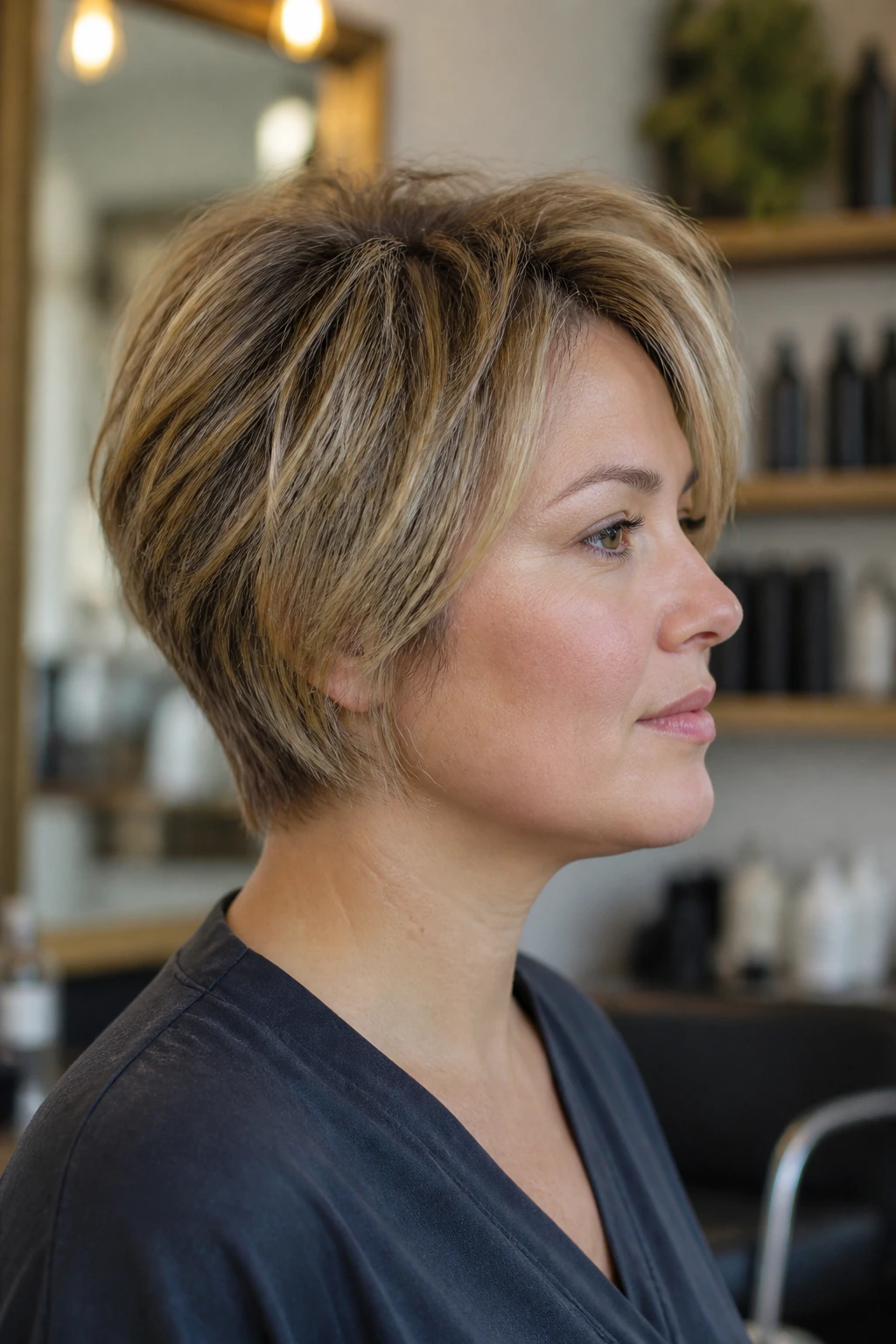 Side-profile portrait showing angles and crown height on a round-faced person