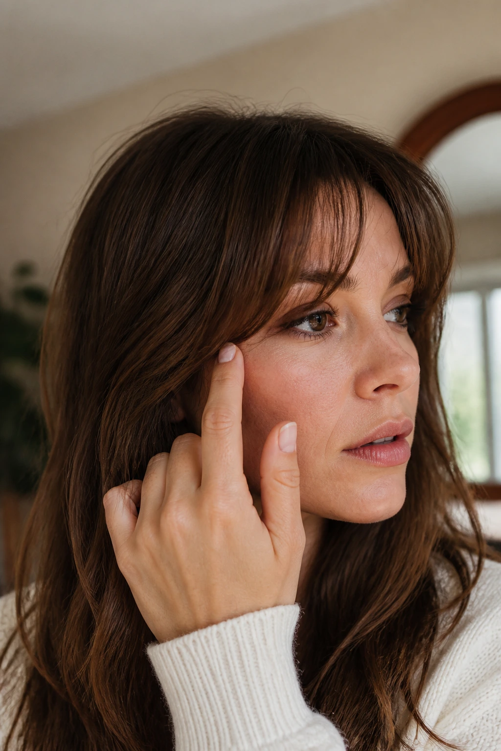 Close-up of a real woman examining the bang shape in a cozy room