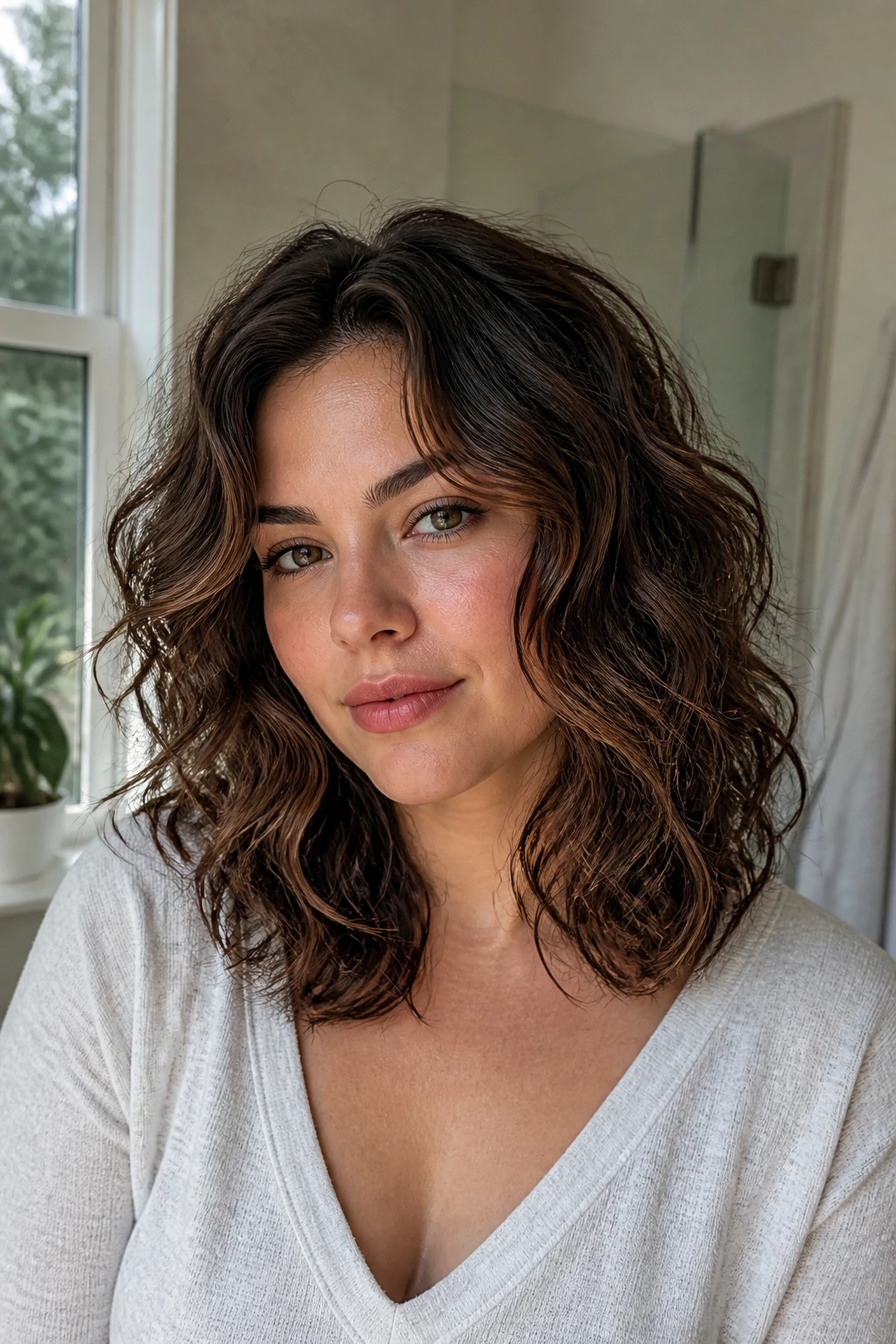 Real person with thick wavy hair showing shape retention after washing.
