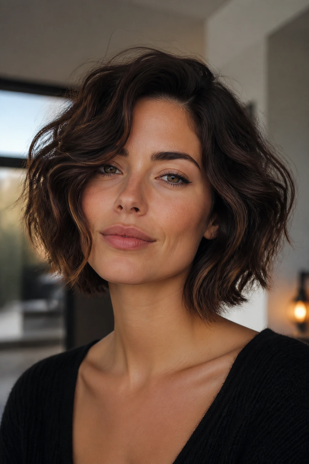 Portrait showing diagonal lines and softened jaw in a bob on a real woman