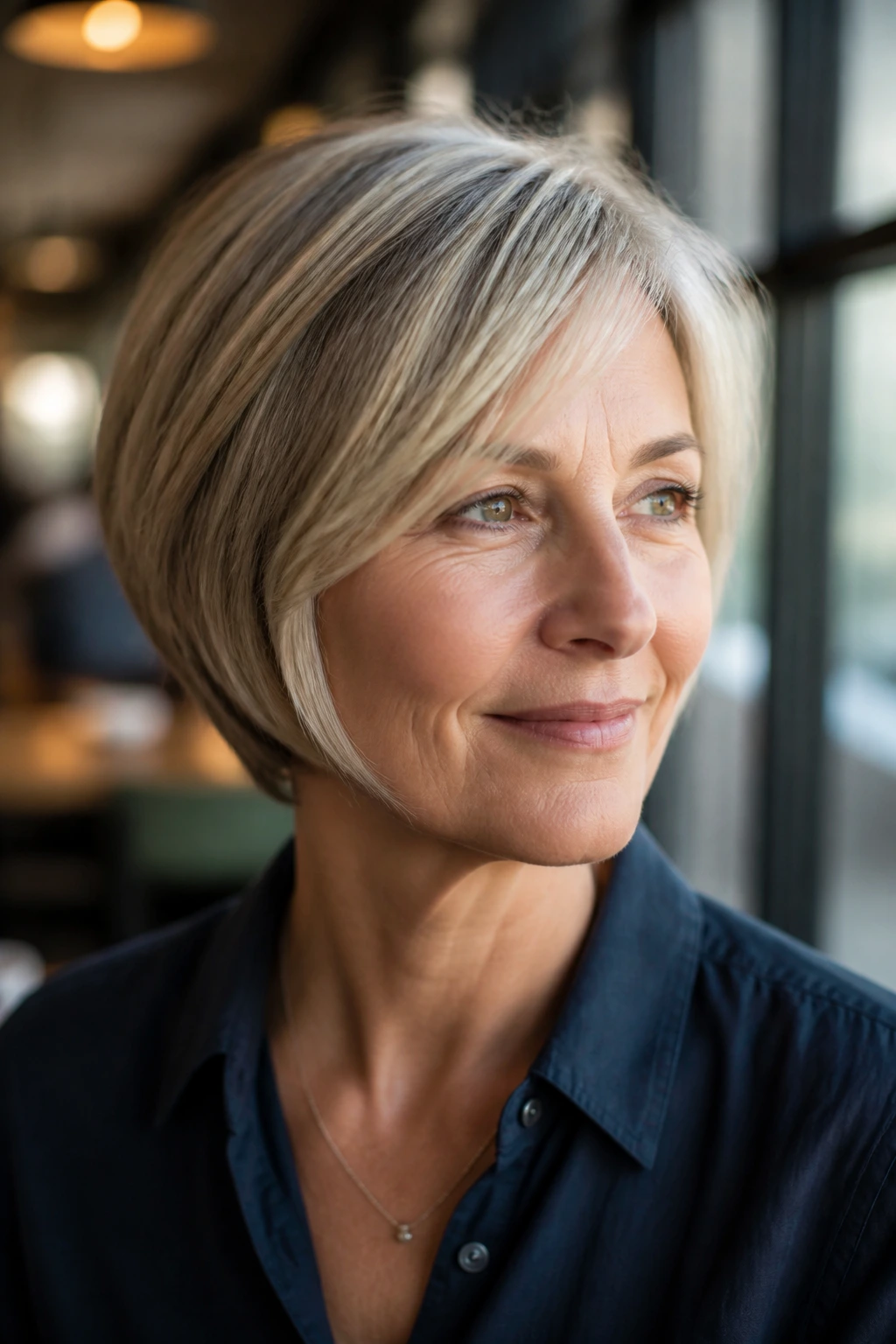 Close-up portrait of a woman in her 50s with a crisp time-saving haircut