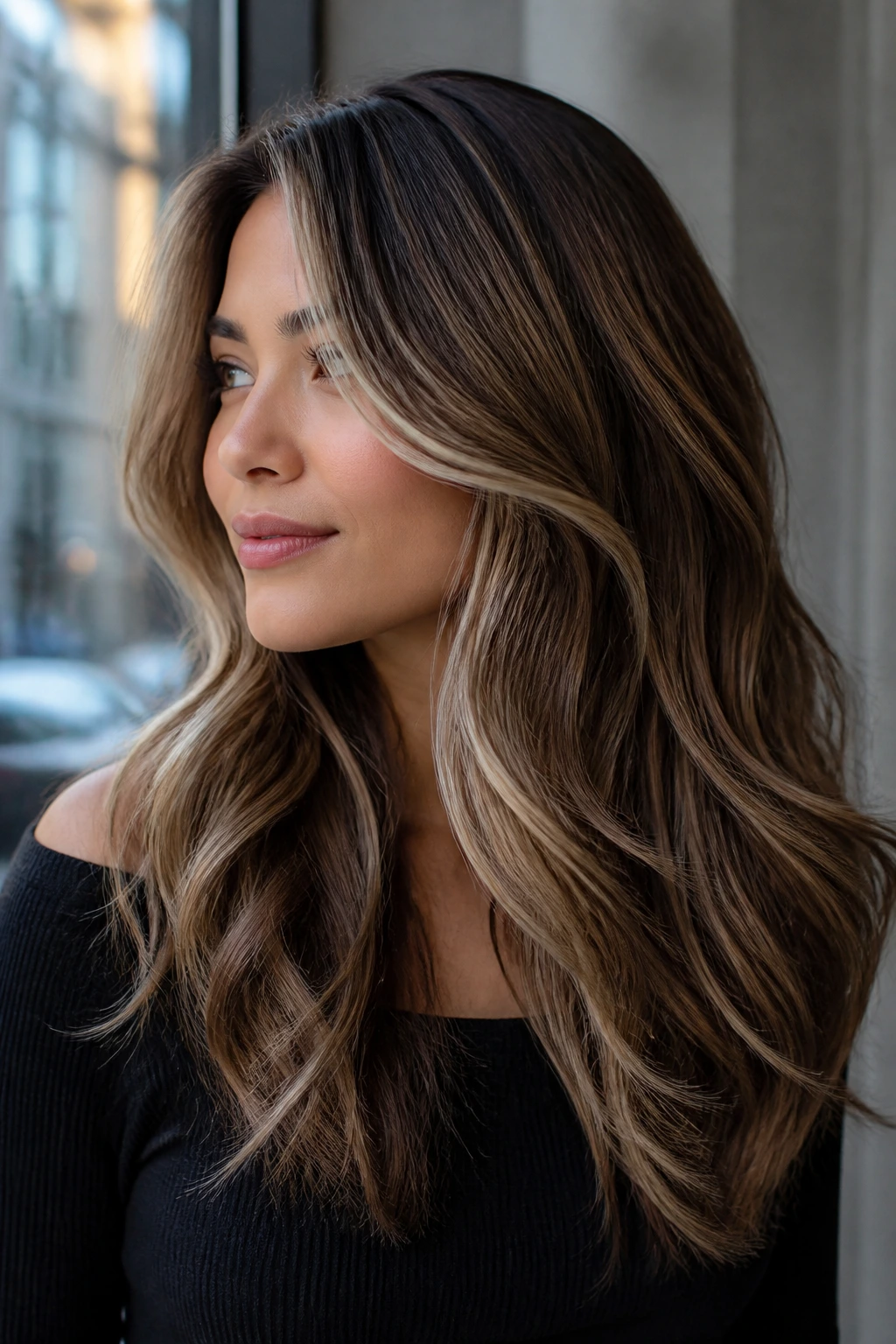 Brunette with strategically placed blonde pieces showing shape and shadow