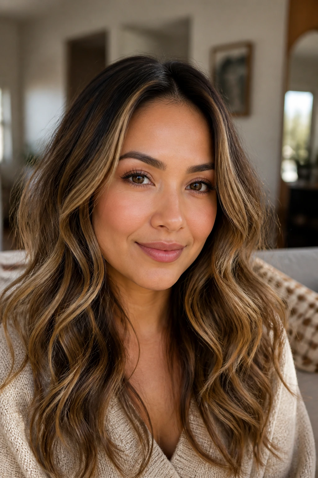 Portrait of a woman with lift and soft waves in a cozy home setting