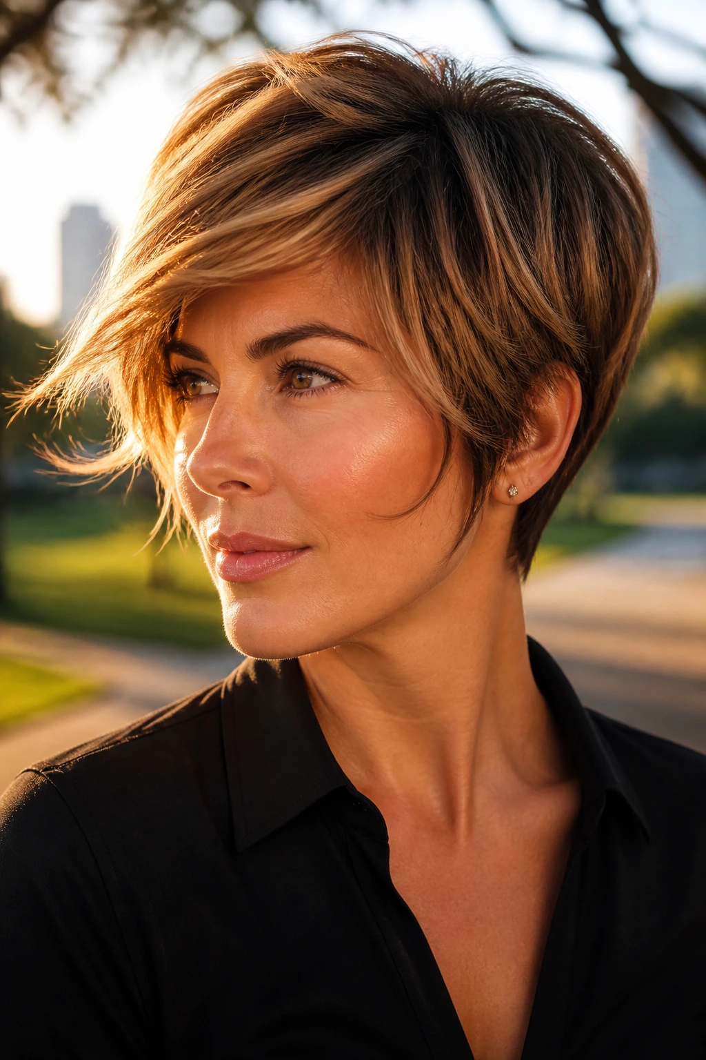 Close-up of short thick haircut with caramel highlights following the shape