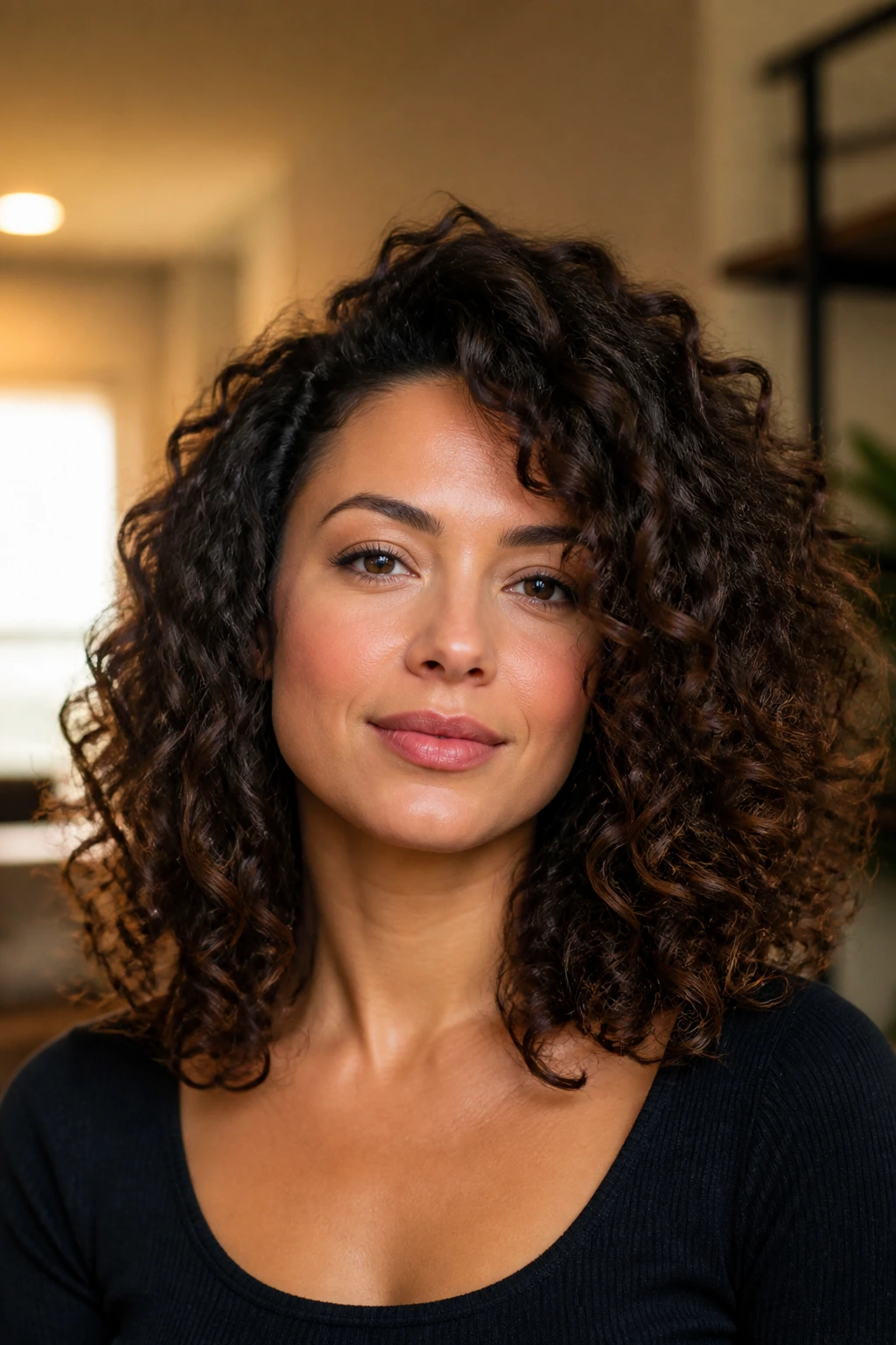 Close-up of a real person with rounded curl silhouette and off-center part.
