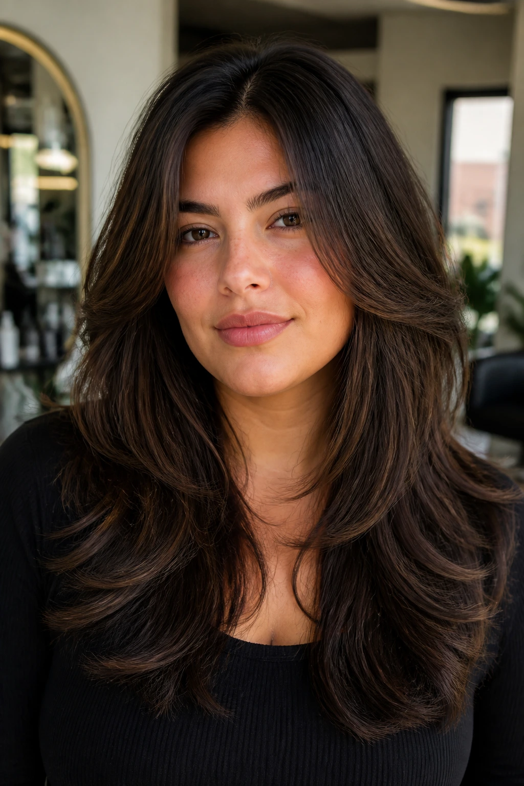 Close-up portrait highlighting hair shape for round face with thick hair