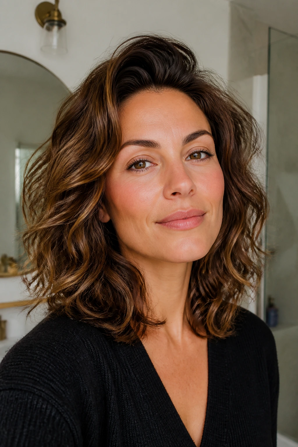 Close-up of a real woman showing lifted crown waves and defined ends