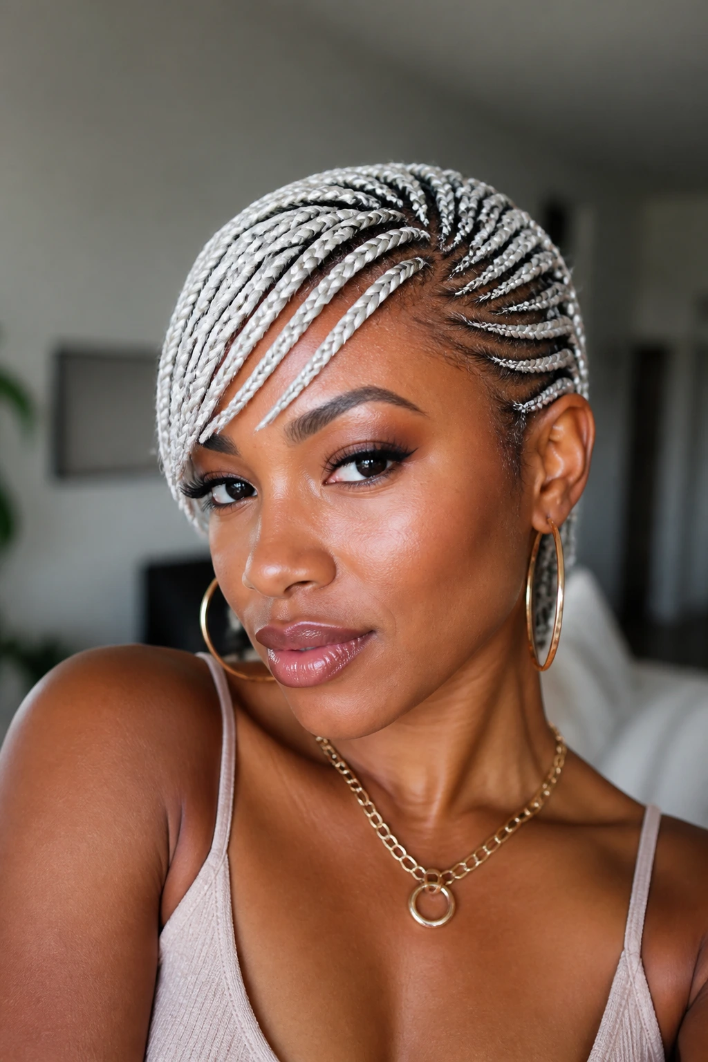 Close-up of white braids with a side-swept bang on short natural hair