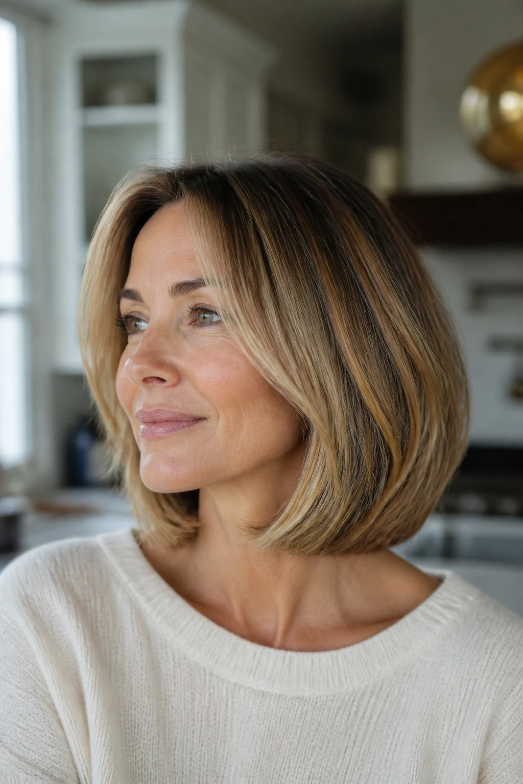 Close-up portrait of a real woman with a shape-holding soft haircut in natural light