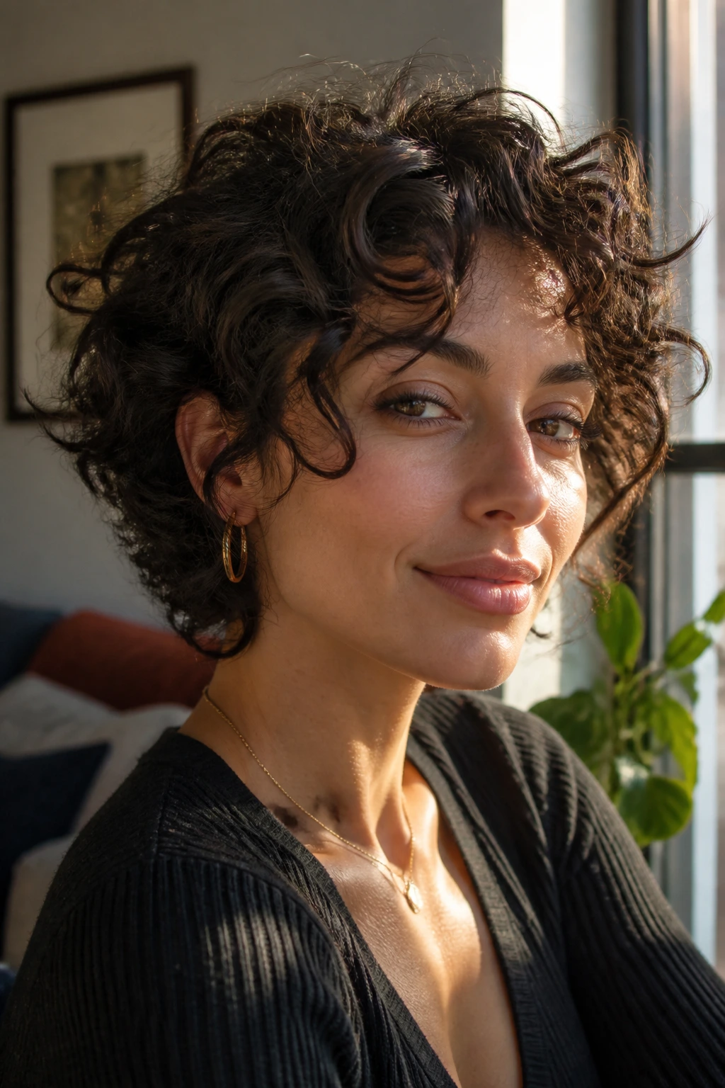 Close-up portrait of a real woman with a guiding face-framing shape on short curly hair