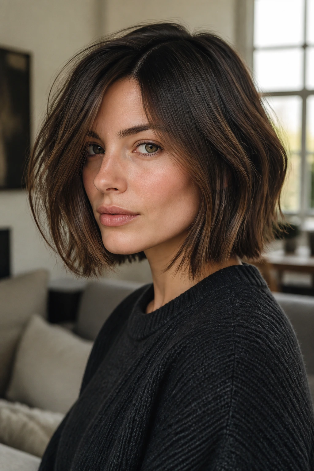 Balanced choppy lob close-up showing face separated from jawline.