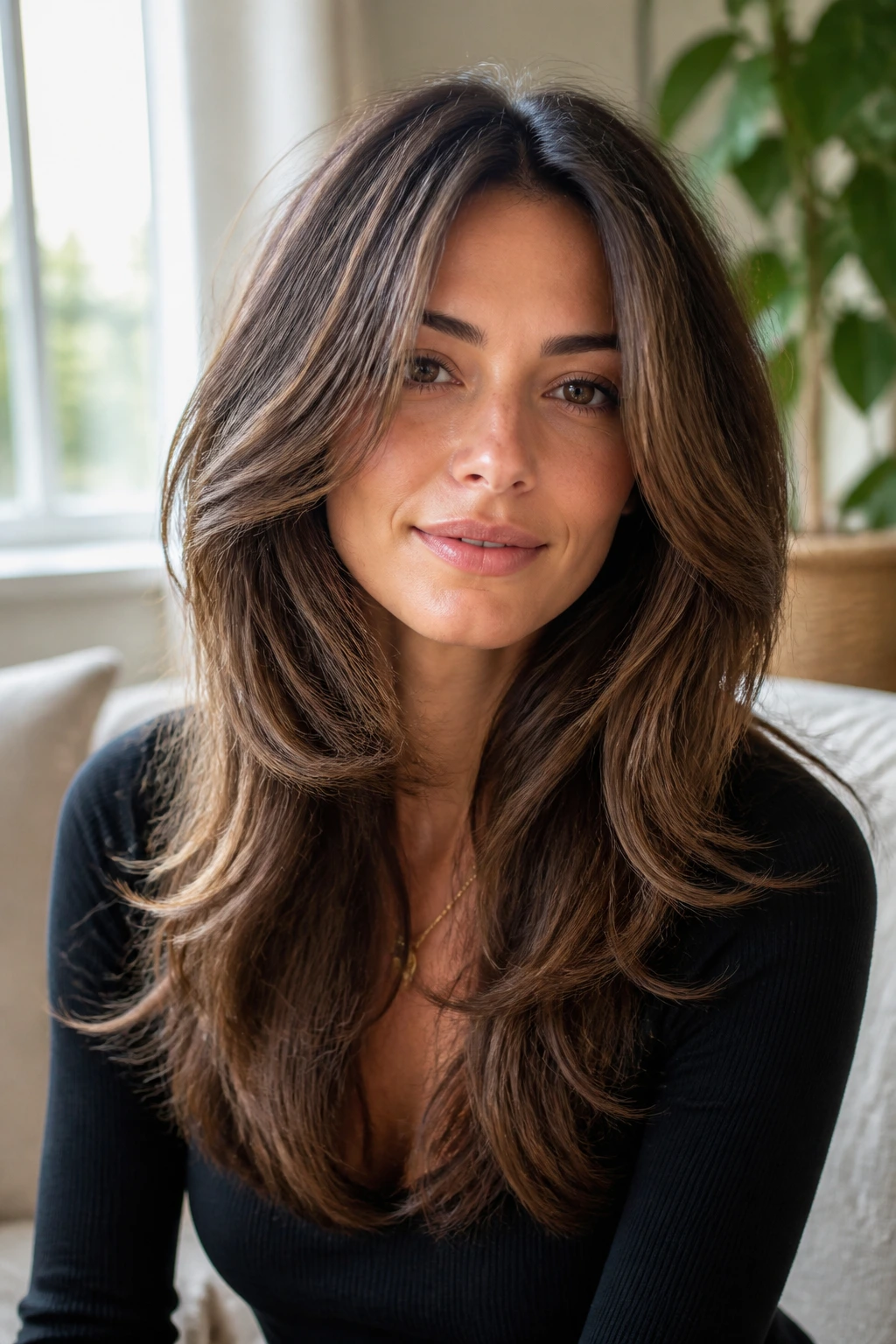 Close-up portrait of a real woman with thick hair and visible face-framing layers in bright natural light