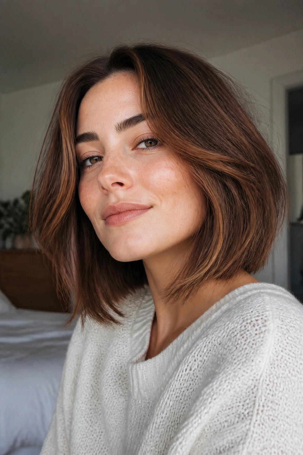 Close-up of a real woman with a well-shaped mid-length bob in a softly lit indoor setting