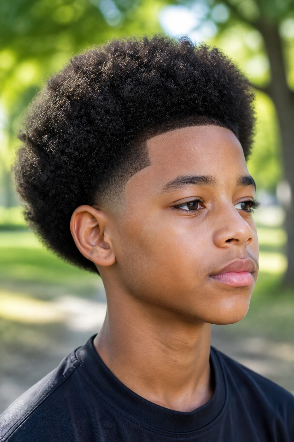 Close-up of real boy with Shape-Up Afro showing rounded silhouette and clean edges