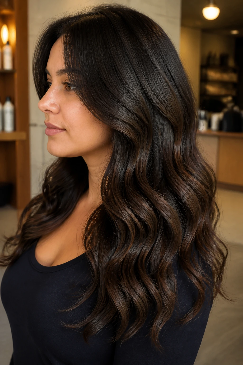 Side-profile of a woman with face-framing soft waves and gentle asymmetry.
