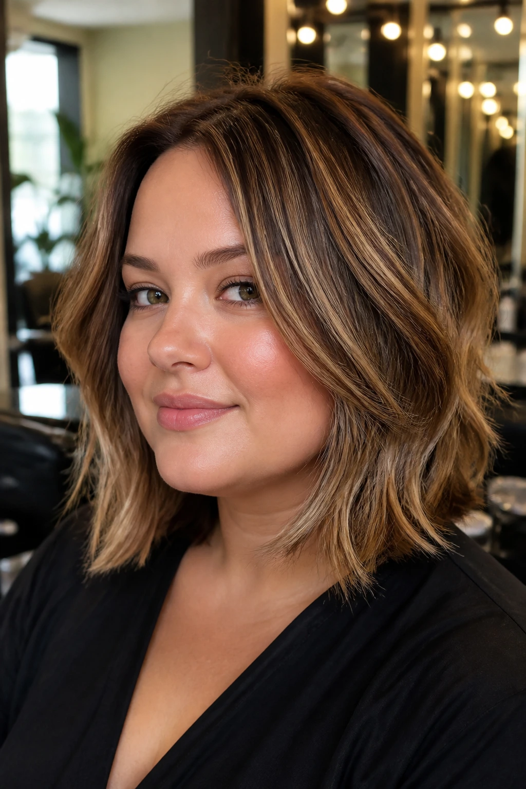 Real woman with round-face flattering haircut and crown lift in salon light