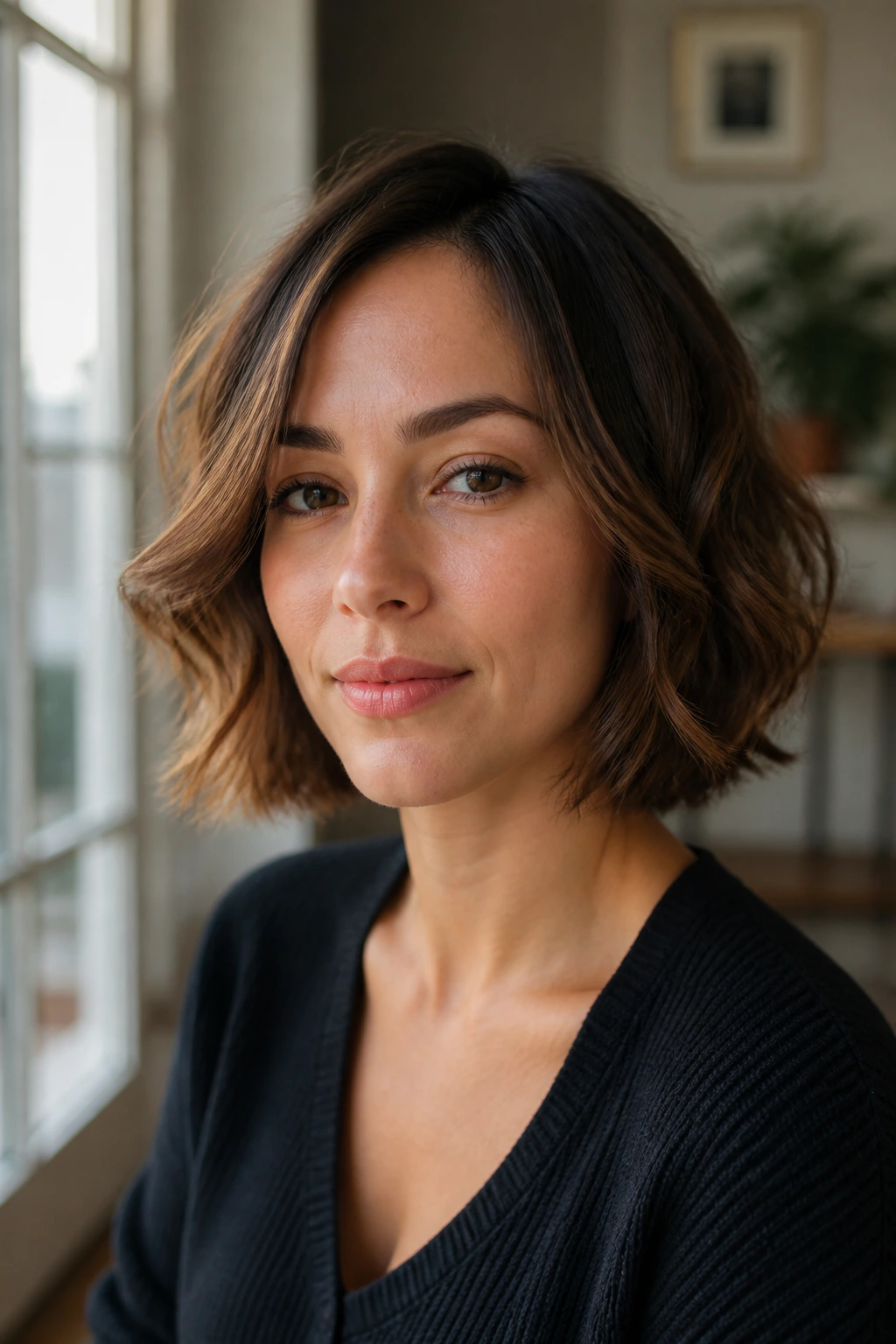Close-up of a person with a well-defined wavy bob that flatters a heart-shaped face