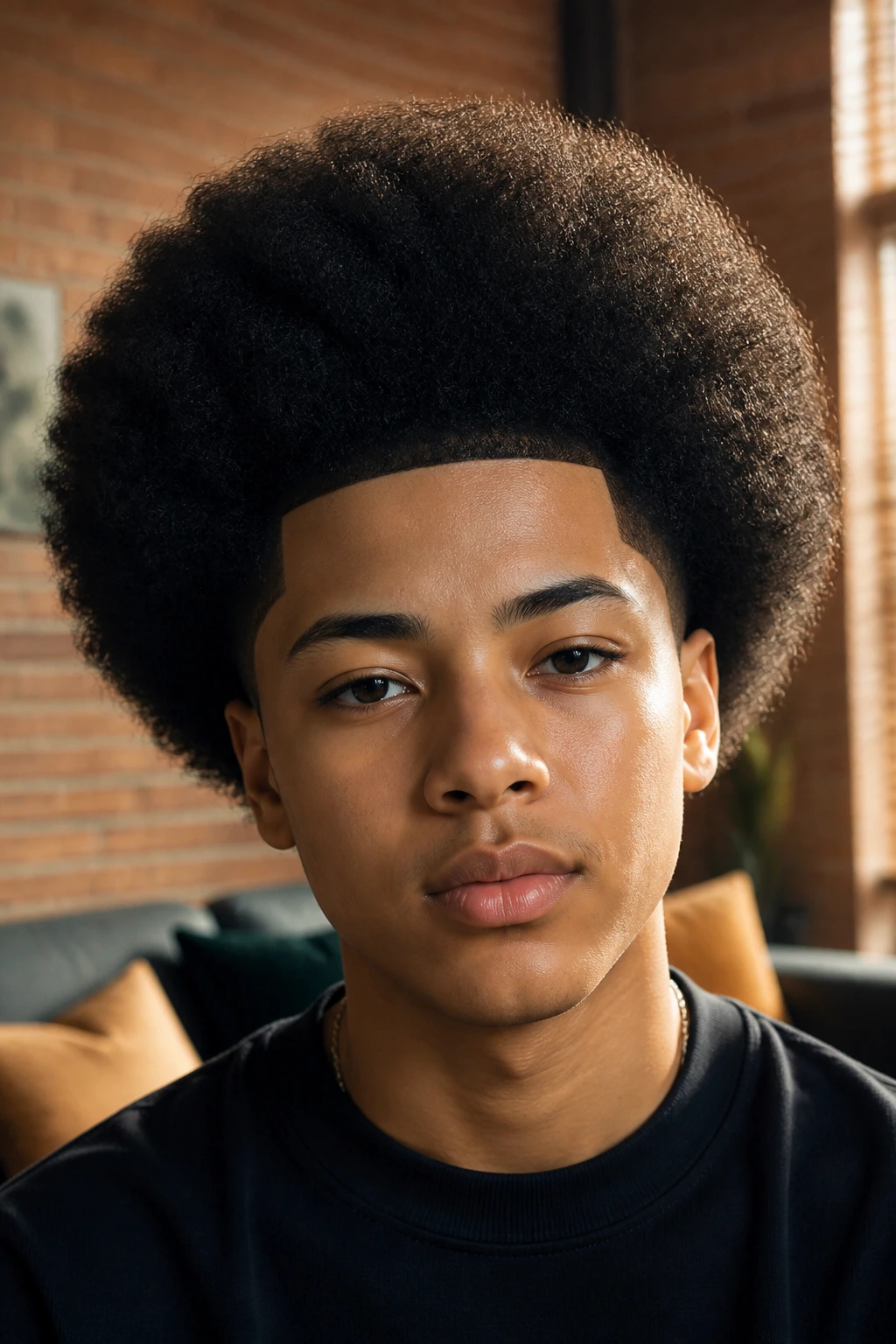 Close-up portrait of a person with a shaped Afro and clean edge-up