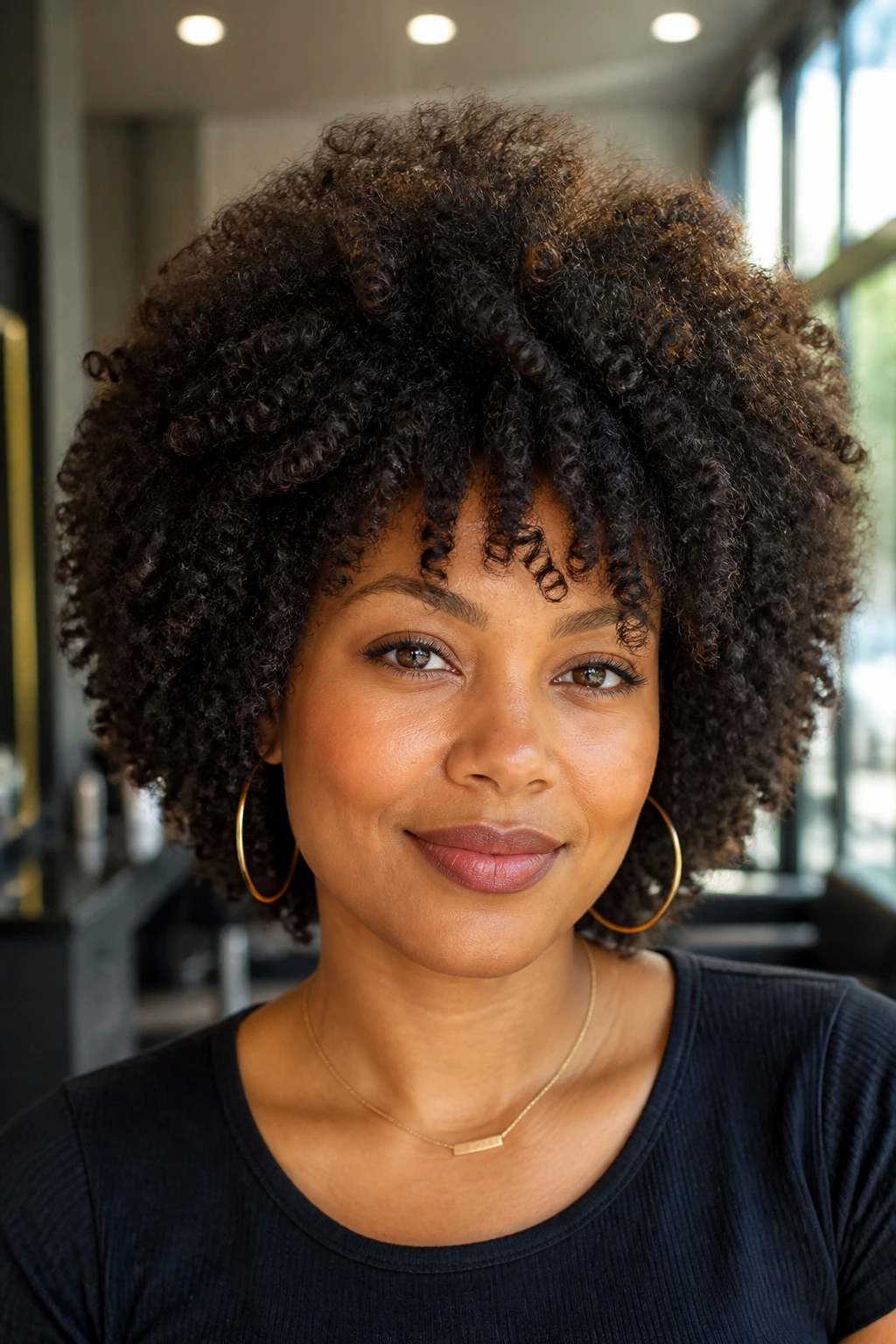 Close-up portrait of a woman with shaped Afro layers and a soft outline, rounded silhouette