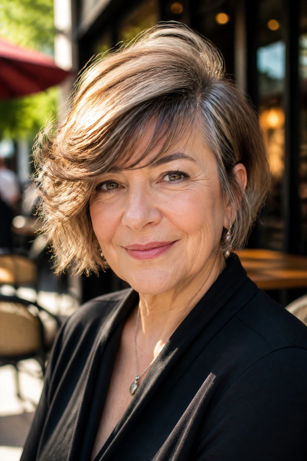 Real woman with deep side part and bangs in a shaped bob