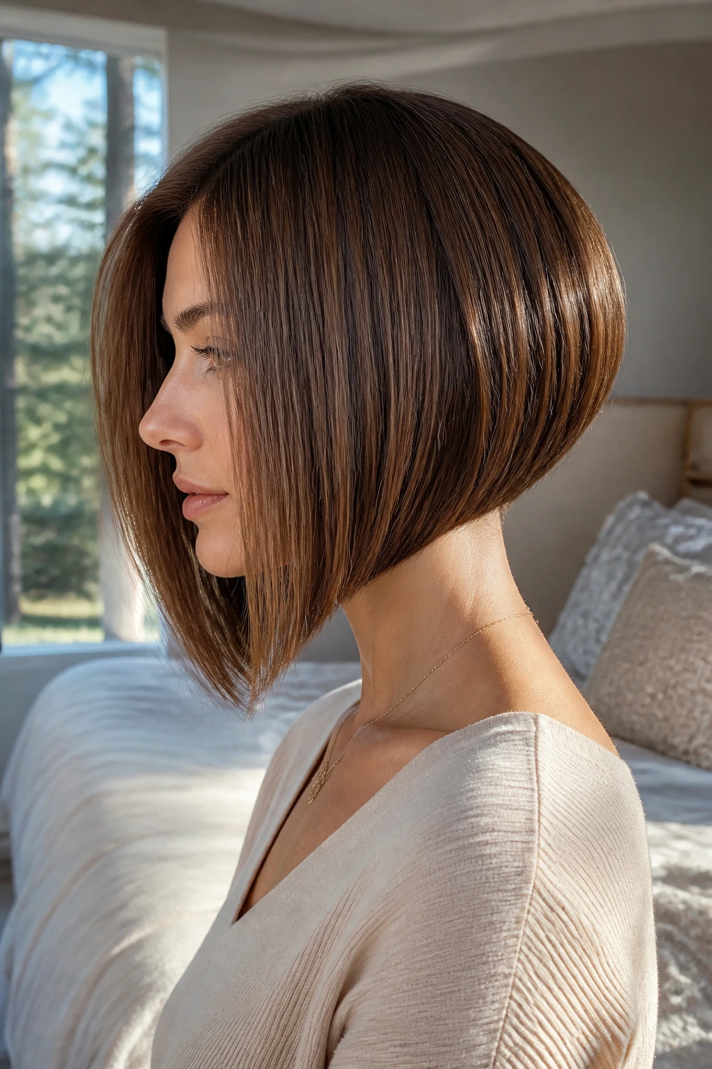 Close-up portrait showing inverted bob shapes on straight hair in a sunlit bedroom