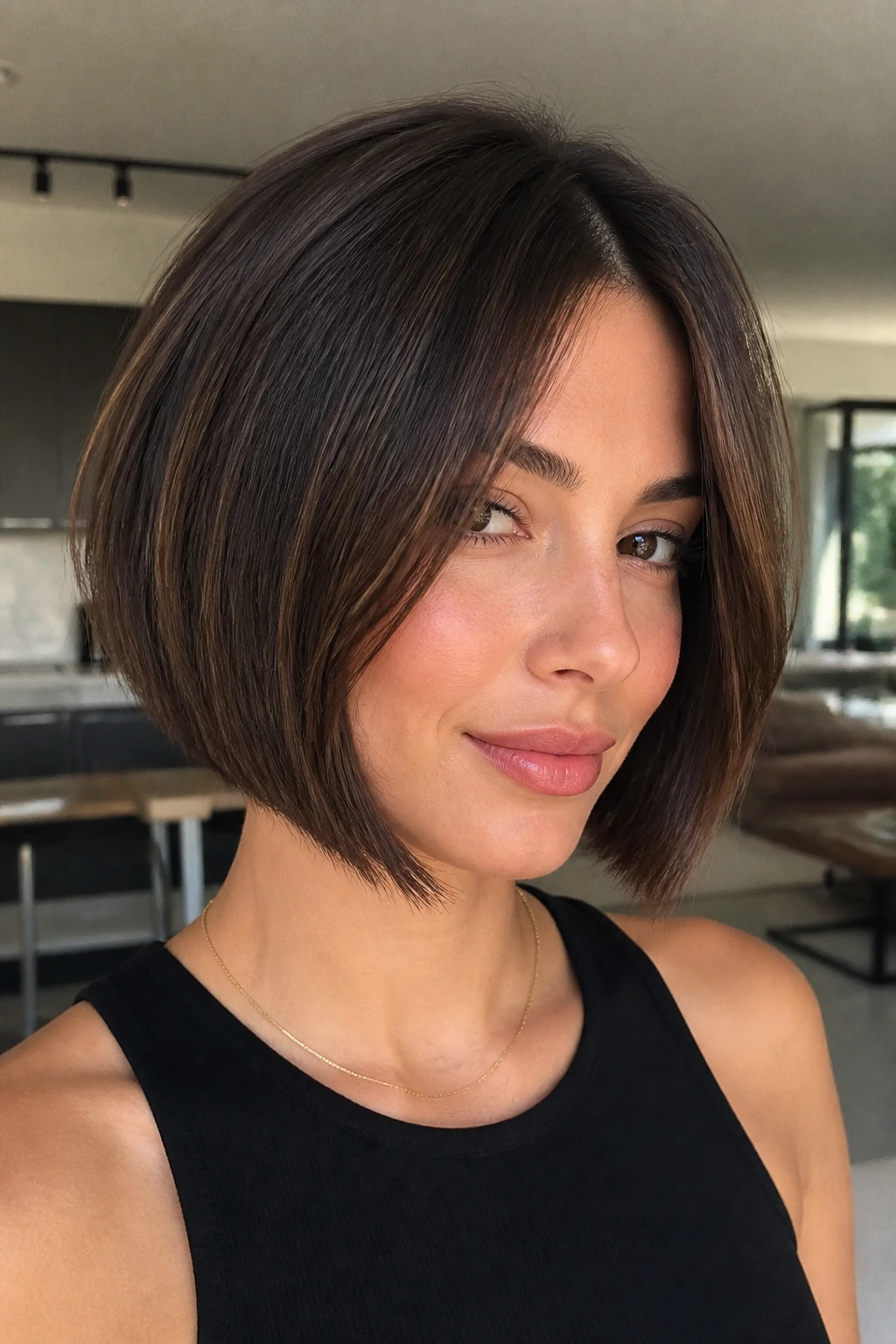 Real person with sharp A-line inverted bob and curtain pieces
