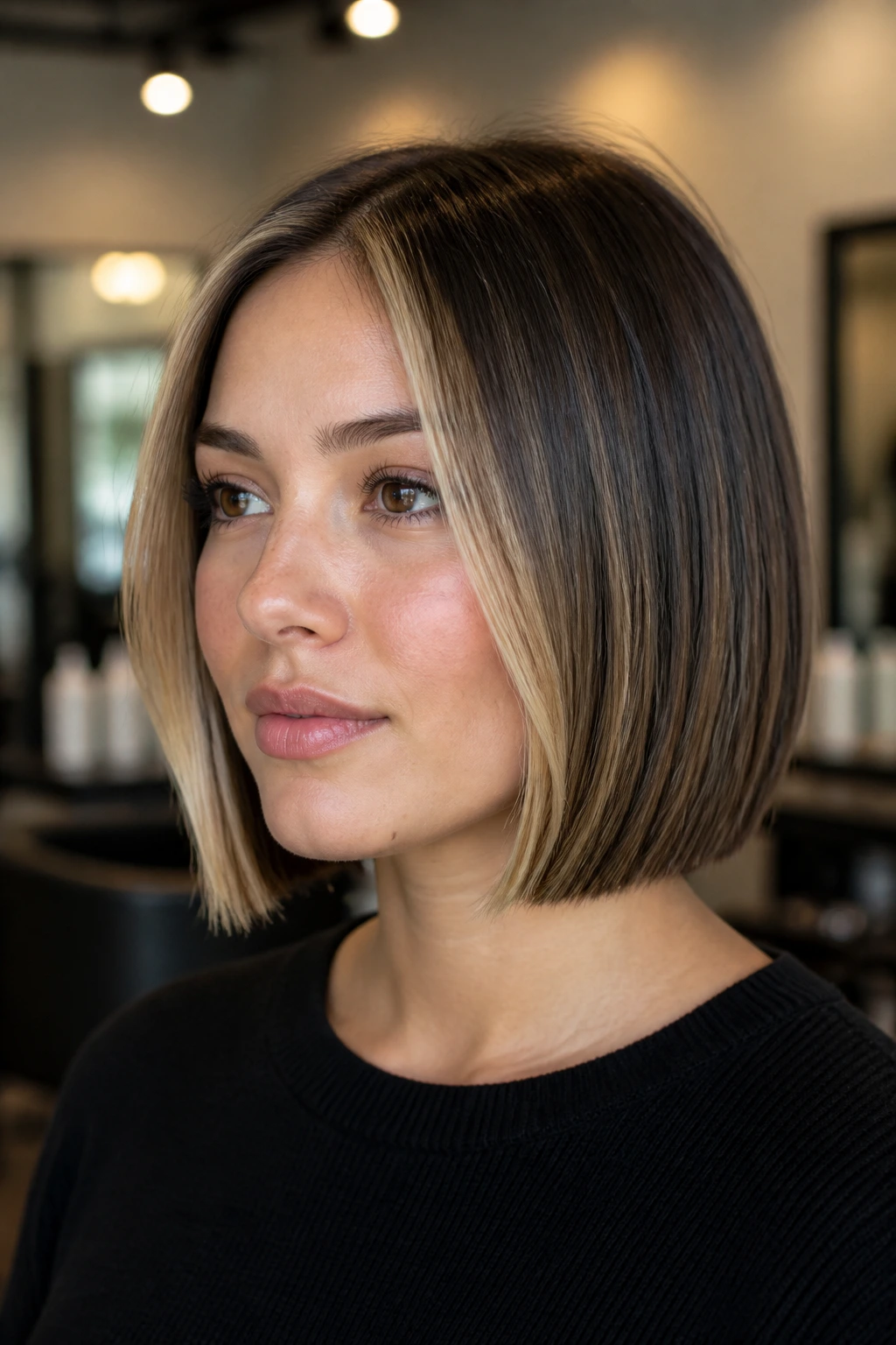 Close-up portrait of a real woman with a sharp straight bob and money piece in a chic salon.