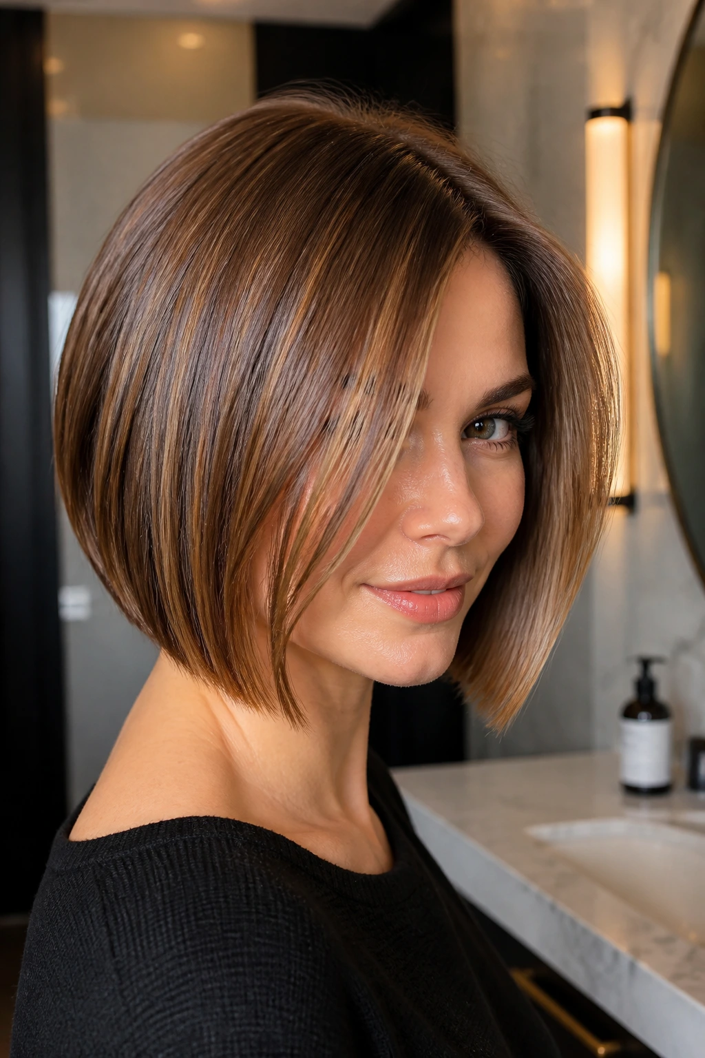 Portrait of woman with sharp bob and bright caramel highlights