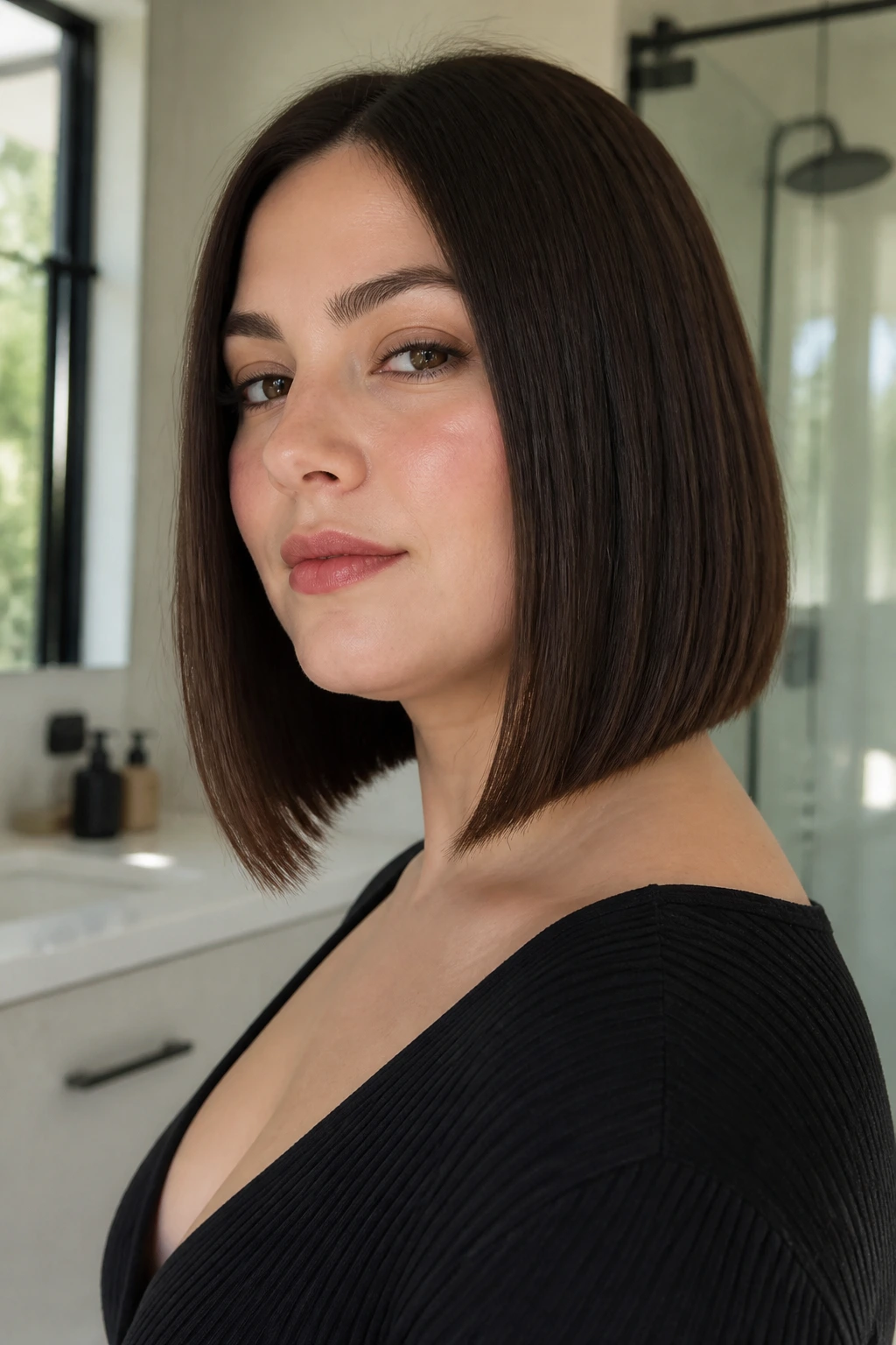 Close-up portrait of a real woman with a sharp-edge lob and barely there angle