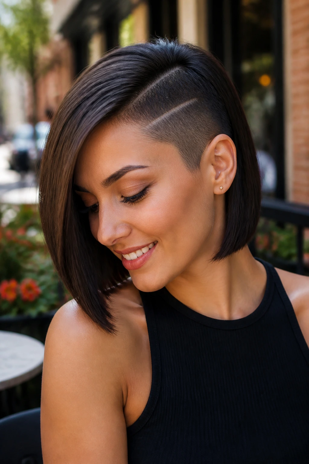 Close-up of a real woman with a precise shaved edge in an outdoor cafe setting.