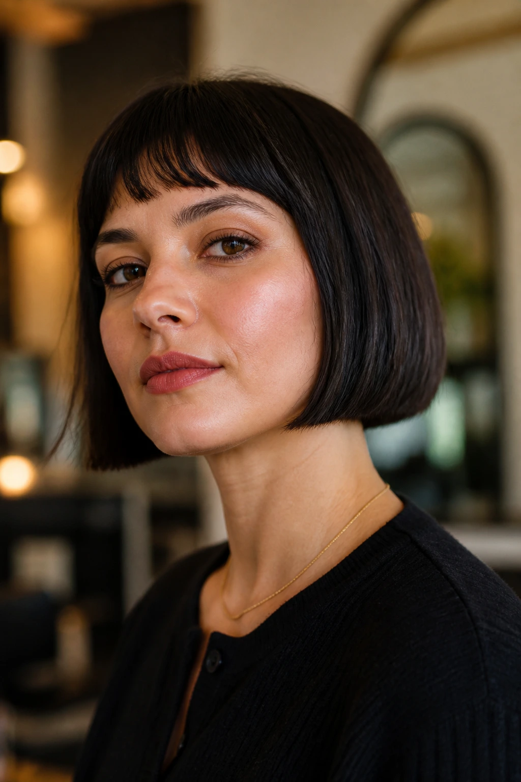 Close-up portrait showing a sharp French bob on a real person with thick hair in a chic setting.
