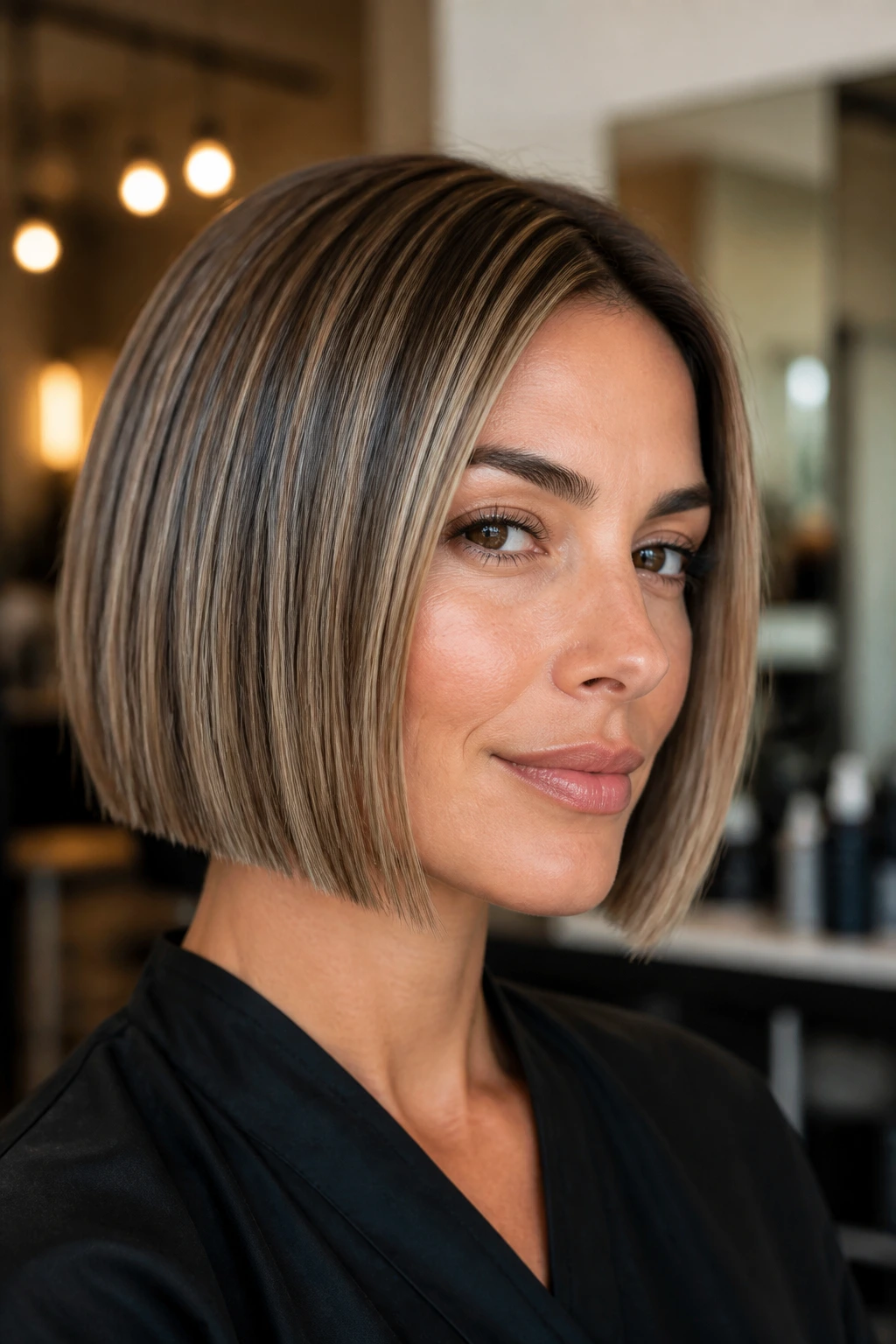 Close-up of a real woman with a sharp jaw-length bob in warm salon light