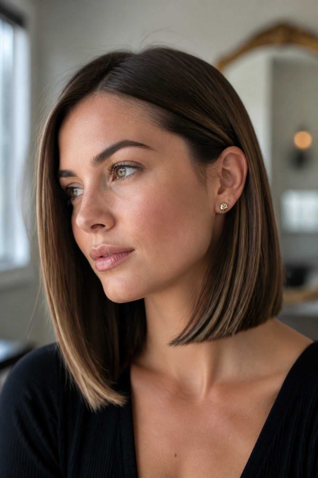 Portrait of a person with a precise long bob showing a crisp edge.